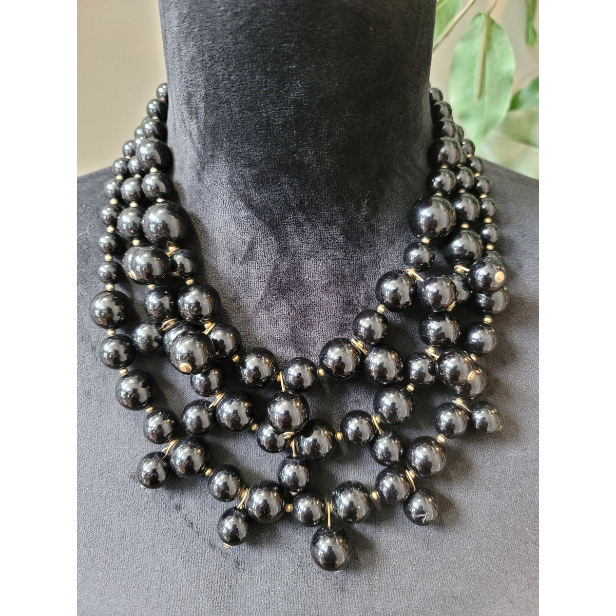 Women's Black Beaded Multi Strand Necklace With Gold Tone Hook Clasp Jewelry