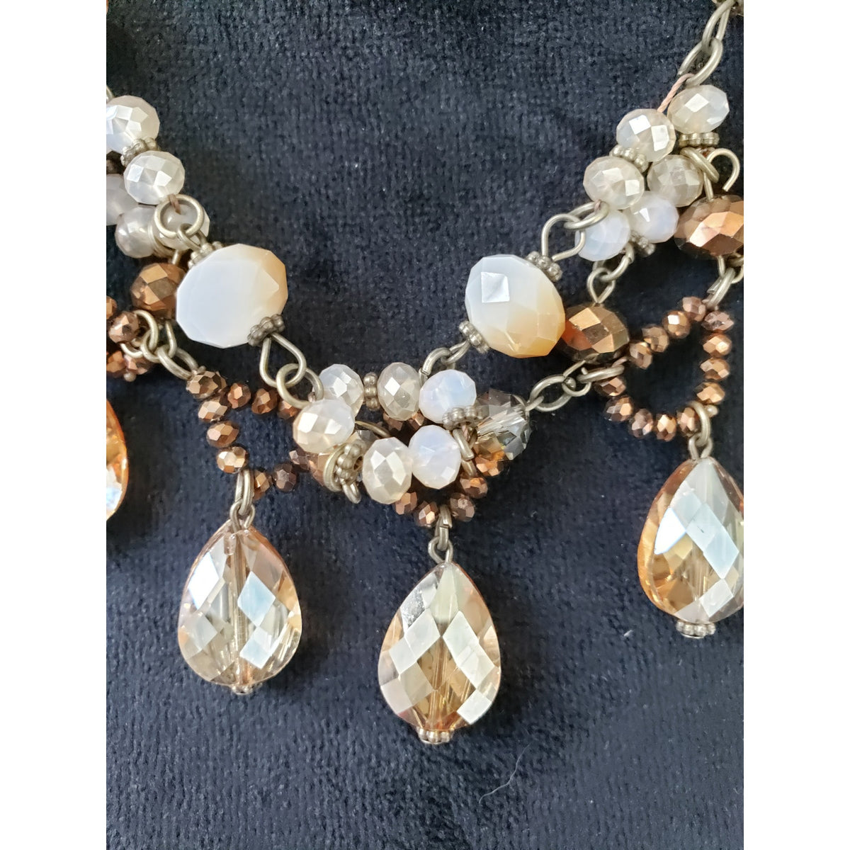 Women Gold Tone Multi Shape Faceted Beads Dangley Charms Bib Necklace w/ Lobster