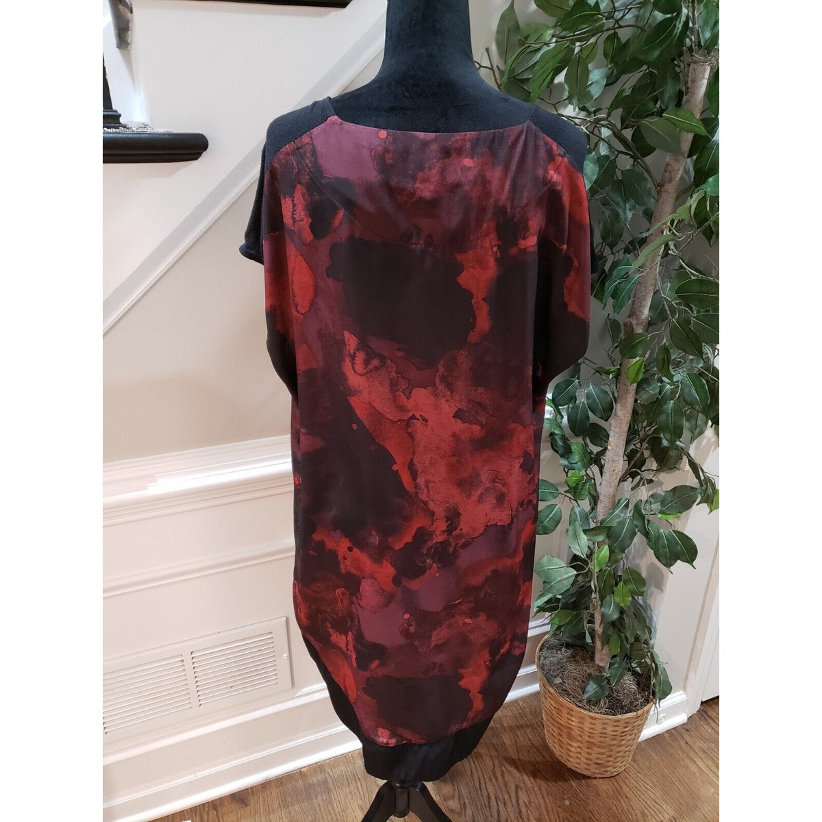 Mossimo Womens Black Burgundy Tie Dye Polyester Round Neck Shift Dress Size XL