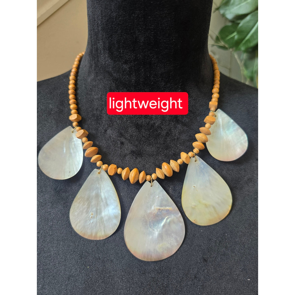 Lightweight Brown Wood Bead Iridescent Shell Teardrop Statement Necklace
