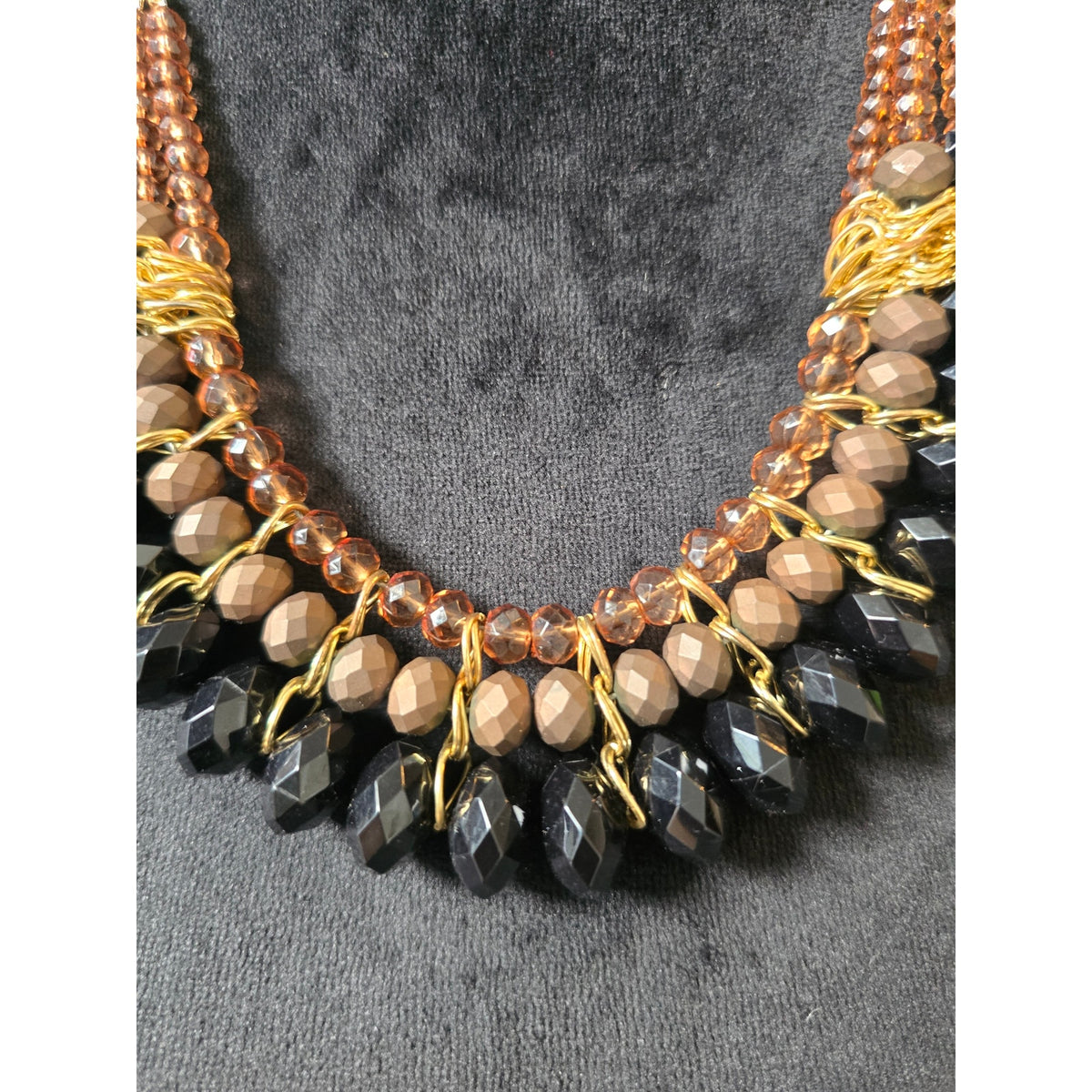 Black Bronze Gold Tone Faceted Beaded Teardrop Layered Fringe Bib Necklace