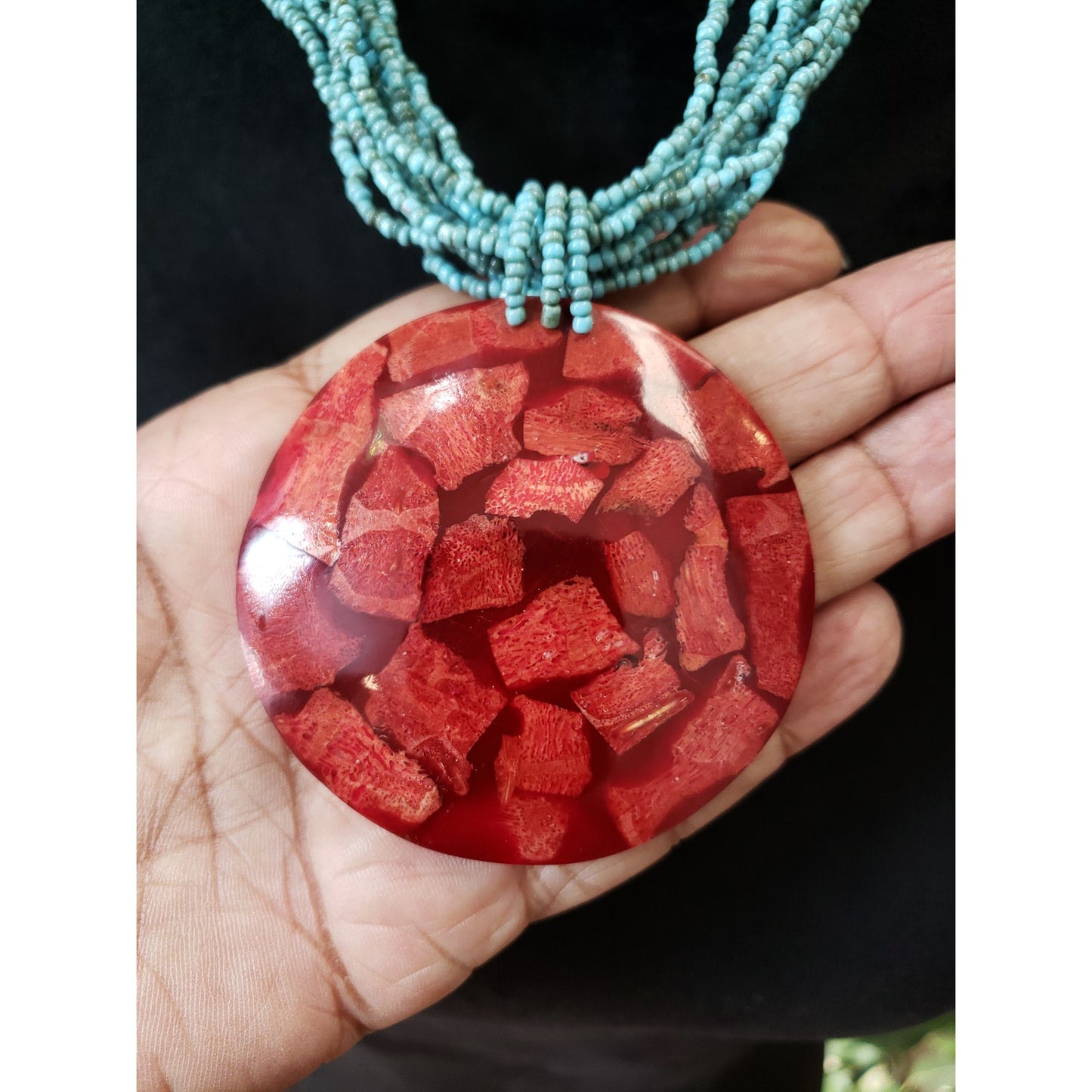 Womens Layered Turquoise Seed Beads Chain Coral Chips in Enamel Pendant Necklace