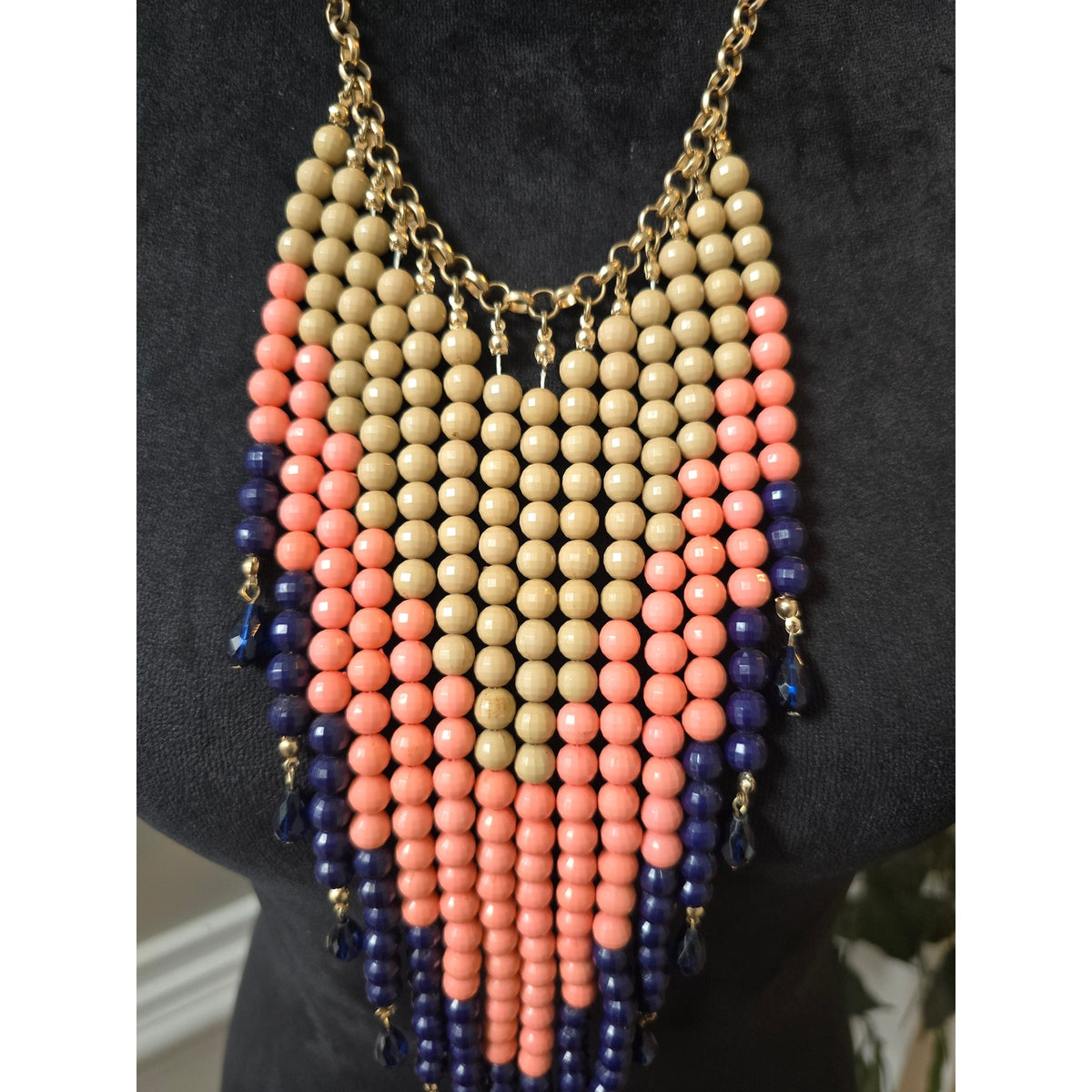 Peach Navy Beaded Waterfall Statement Necklace