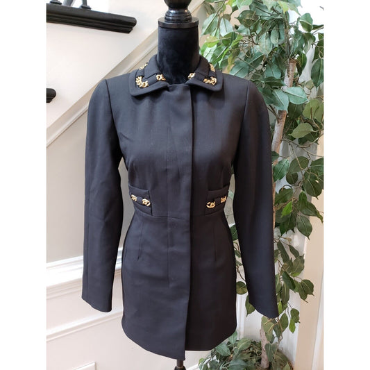 Per Se Womens Black Wool Blend Gold Metal Chain Trim Slim Cut Coat Size 4
