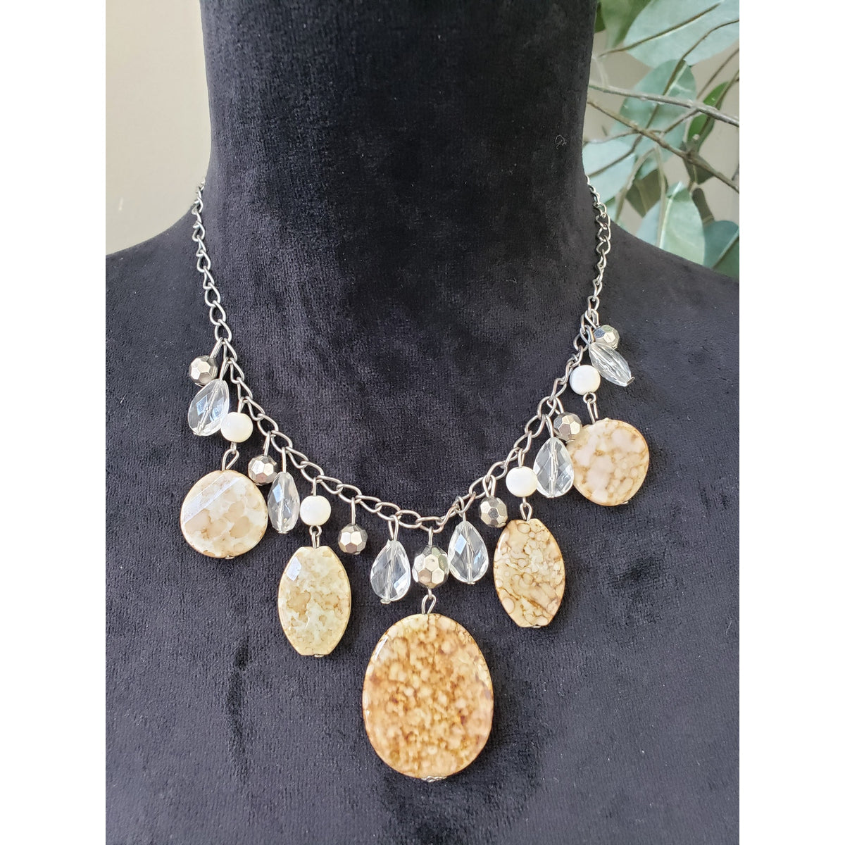 Womens Fashion Silver Tone Picture Jasper Crystals Beaded Drippy Necklace