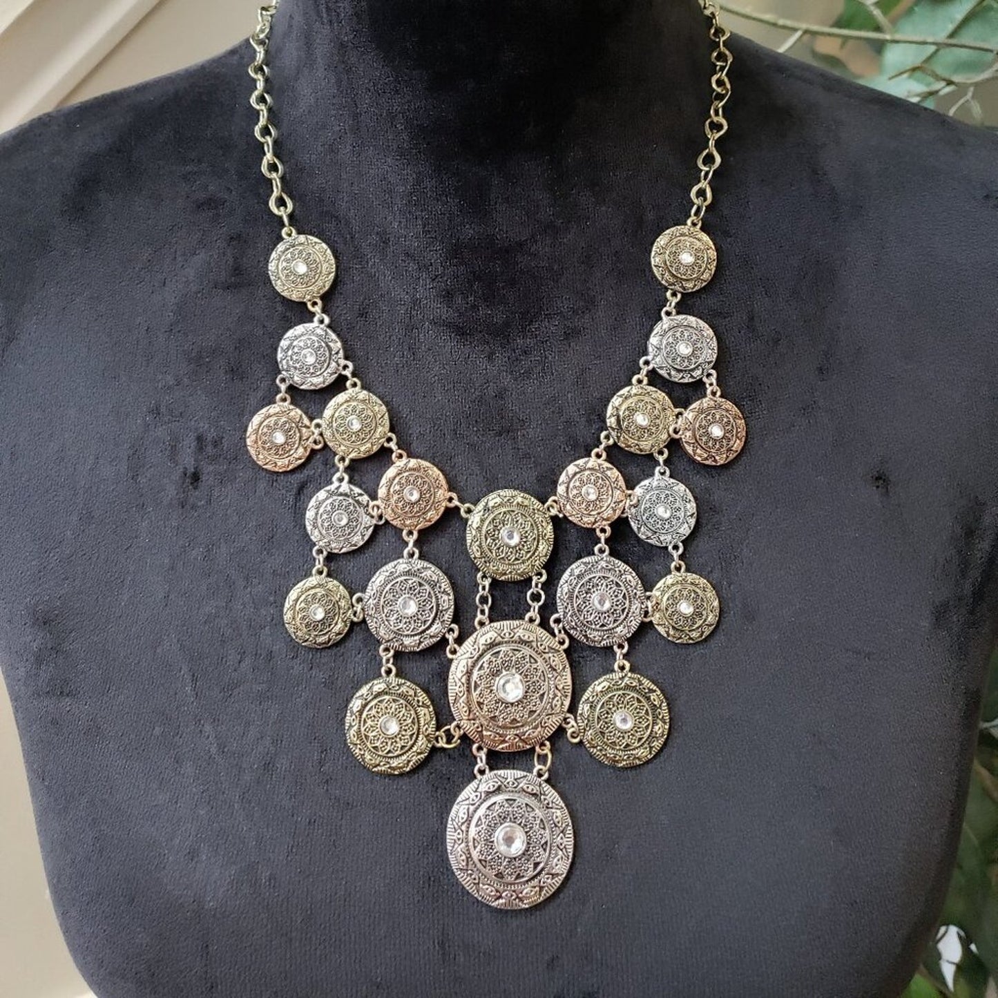 Womens Silver Gold Medallion Pendant Rhinestone Copper Tone Bib Necklace