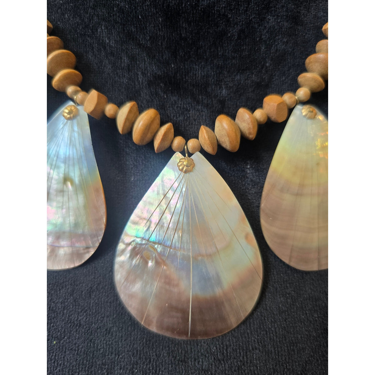 Lightweight Brown Wood Bead Iridescent Shell Teardrop Statement Necklace