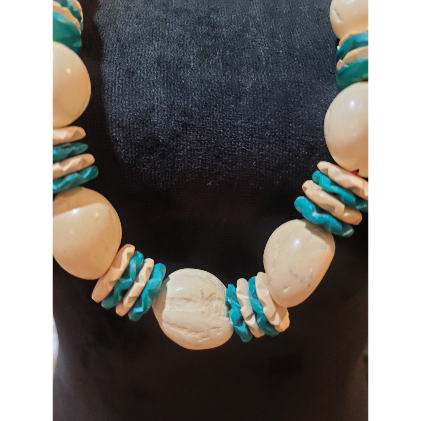 Women's Handmade Beaded Necklace with Turquoise and Cream Beads Unique Design