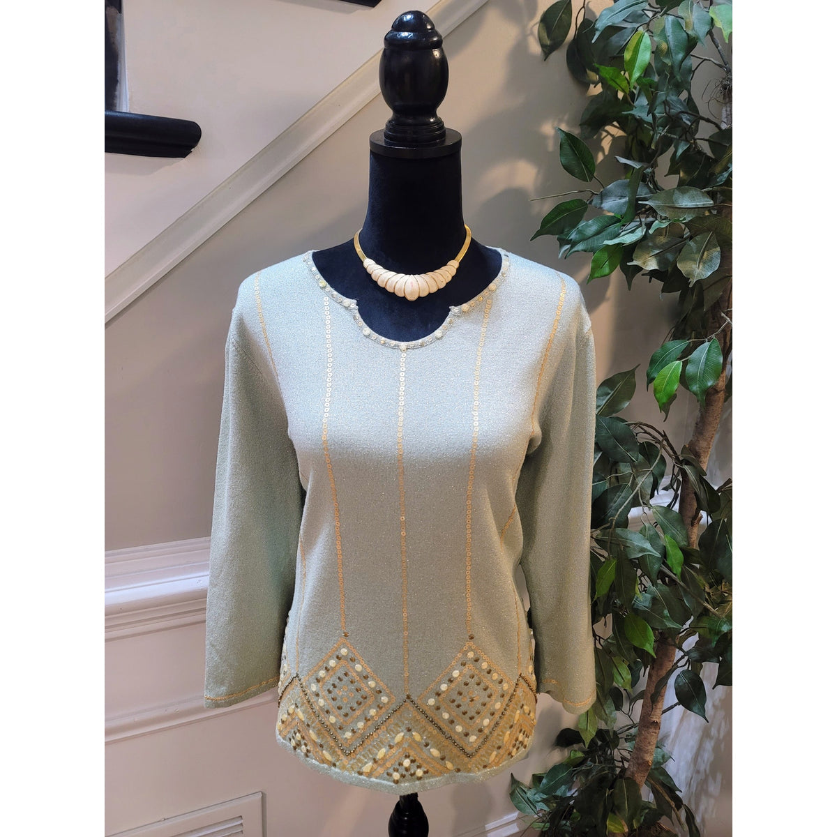 Alfred Dunner Shimmer Sweater Women's Medium Sage Green Embellished Sequin