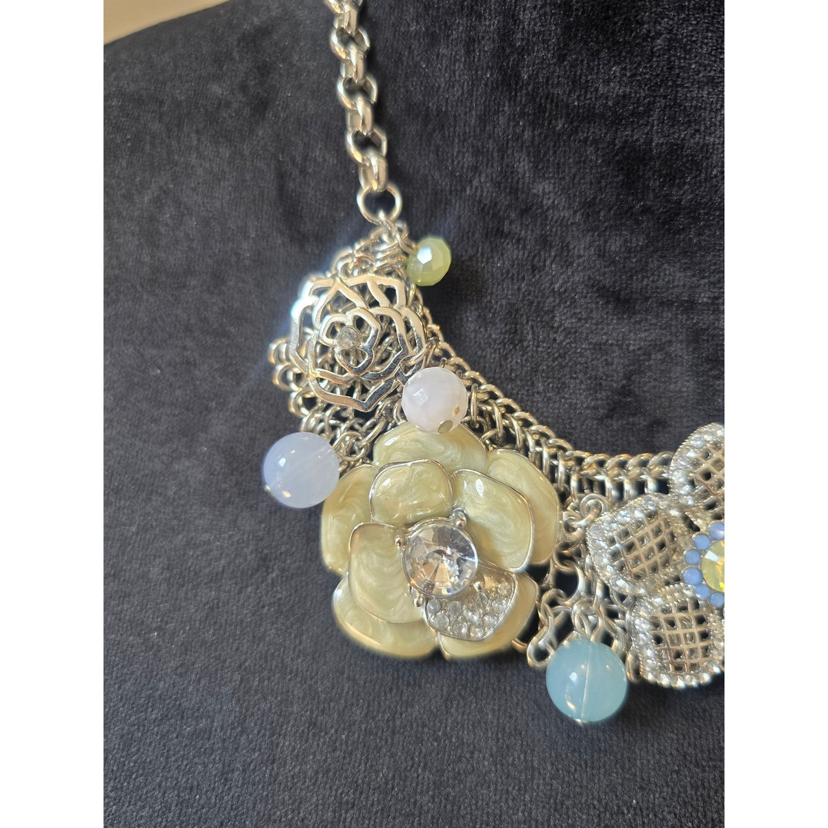 Silver Tone Pastel Floral Rhinestone Bib Statement Necklace