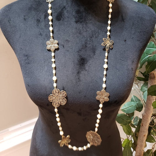 Womens Gold Tone Filigree Flower Motif Baroque Beads Chain Necklace with Lobster