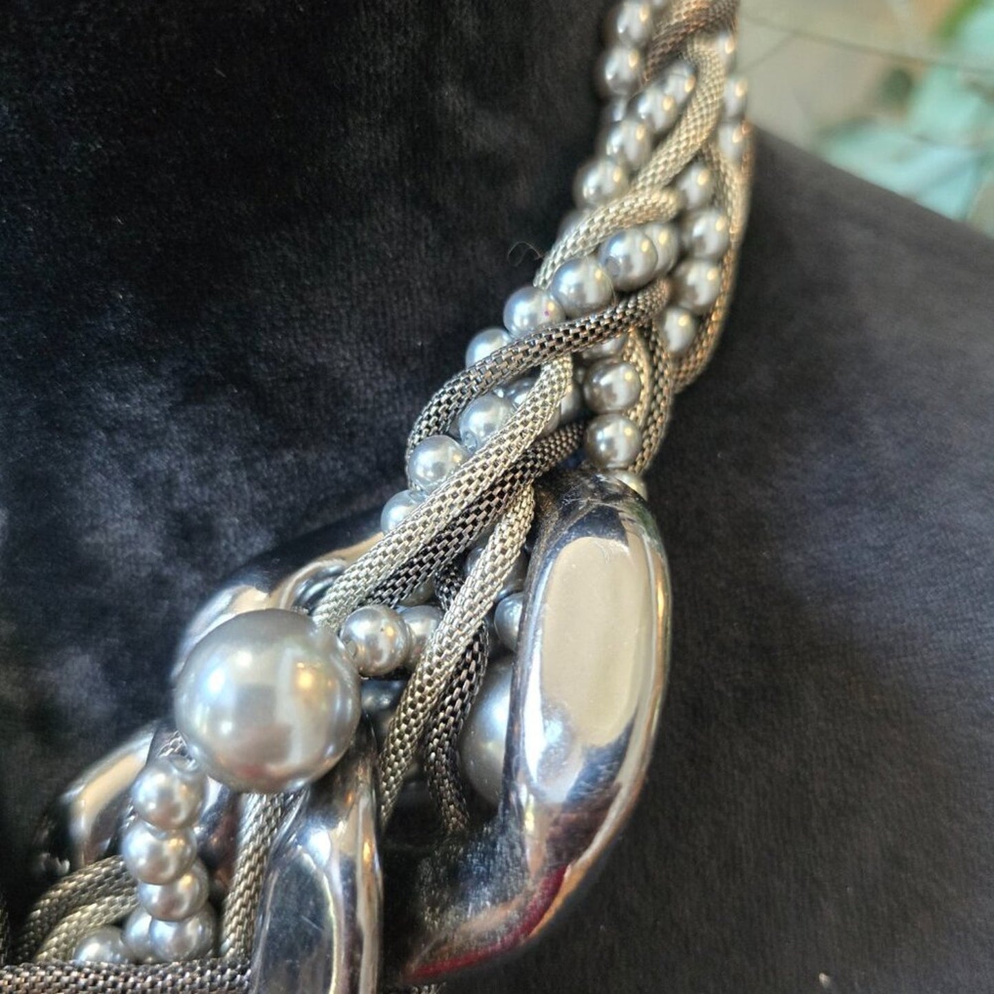 Women Silver Tone Imitation Pearl Multi Strand Braided Necklace w/ Lobster Clasp