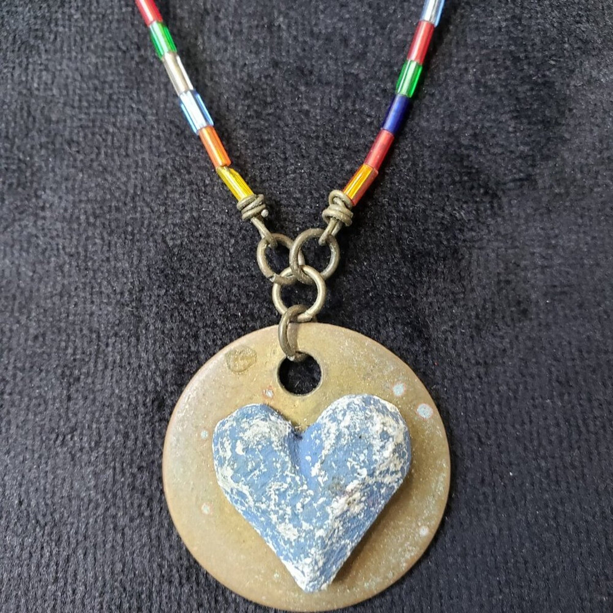 Womens Fashion Blue Heart Gold Tone Round Disc Pendant Necklace w/ Lobster Clasp