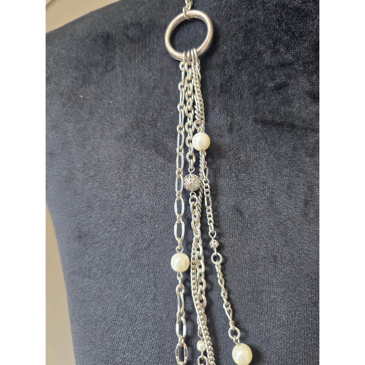 Silver Tone Multi Layer Draped Chain Faux Pearl Statement Necklace