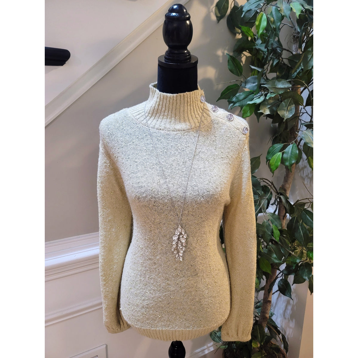 New York & Company Pullover Sweater Womens Medium Beige Ribbed Hem Mock Neck