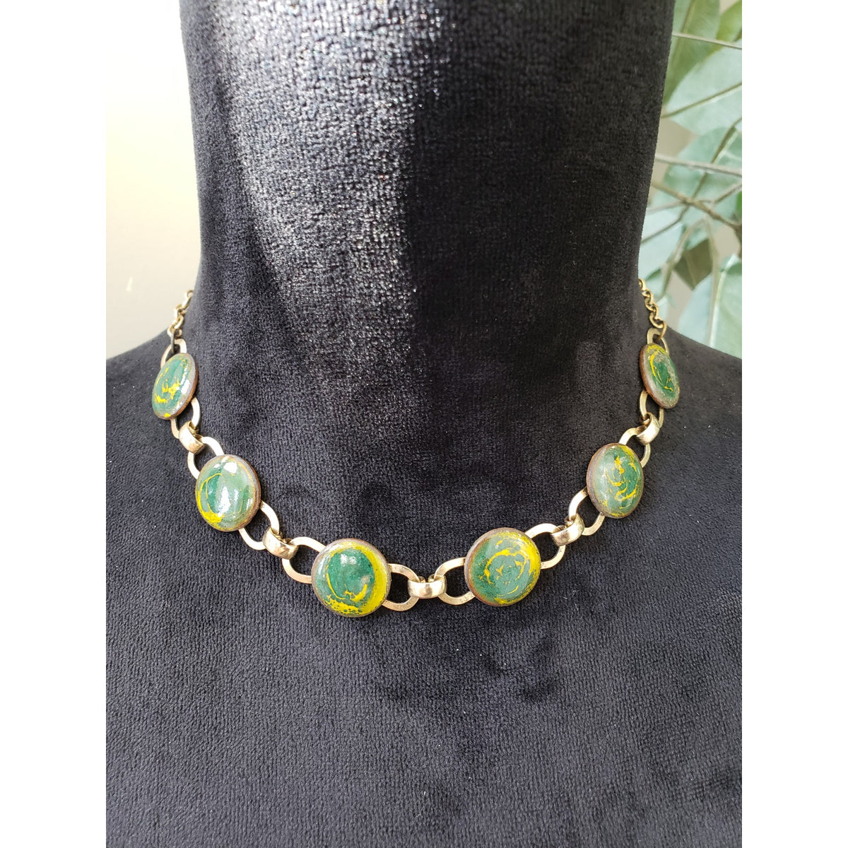 Womens Gold Tone Green Dragon’s Breath Cabochon Station Necklace with Hook & Eye