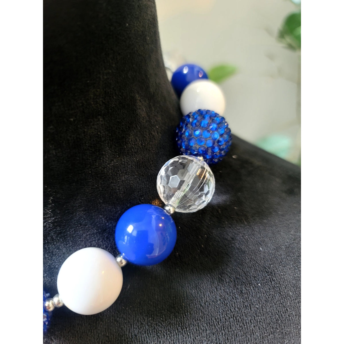 Blue White Crystal Chunky Beaded Acrylic Statement Necklace