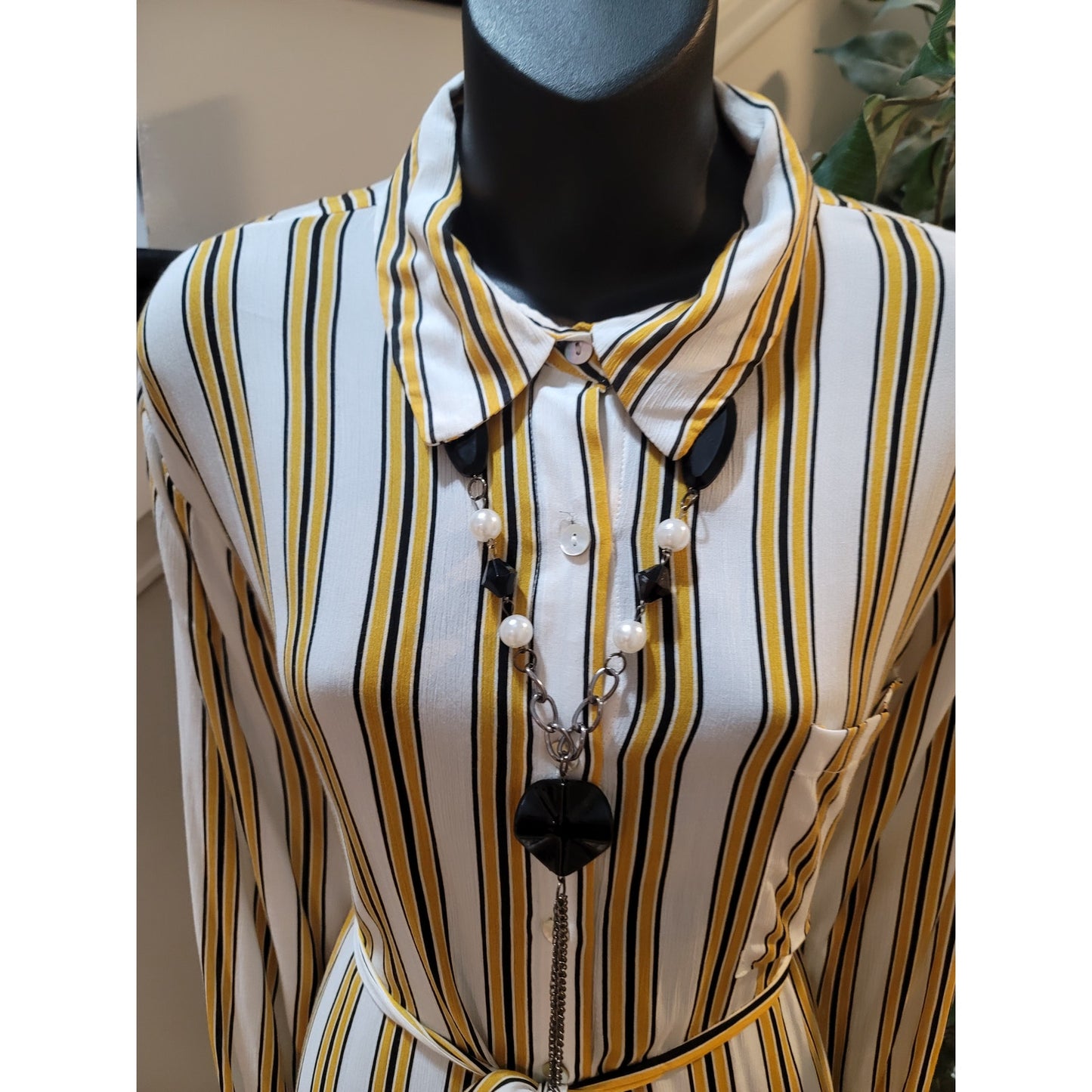 Forever 21 Shirt Dress Women's 2X White Yellow Stripes Collared Long Sleeves