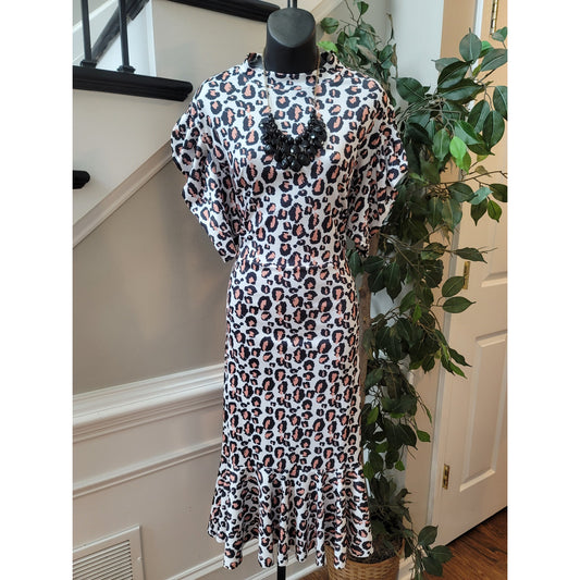 Leopard Print Midi Dress Women Size Medium White Black Pink Stretchy Ruffle