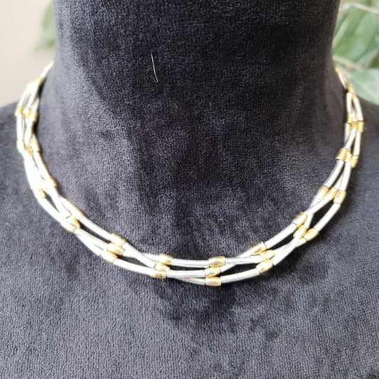 Womens Gold & Silver Tone Omega Chain Triple Strand Necklace with Lobster Clasp