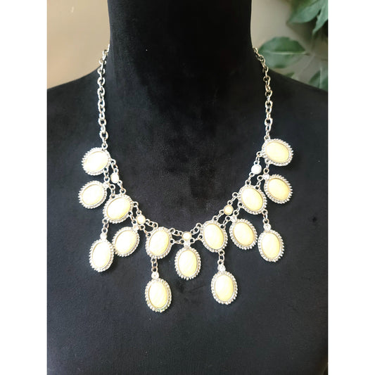 Women's Silver Tone Cream Oval Drop Bib Necklace Lobster Clasp Statement