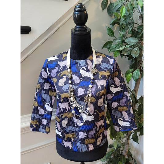 H&M Crop Blouse 8 Navy Cotton Cat Textured Woven Crew Neck 3/4 Sleeve Back Zip