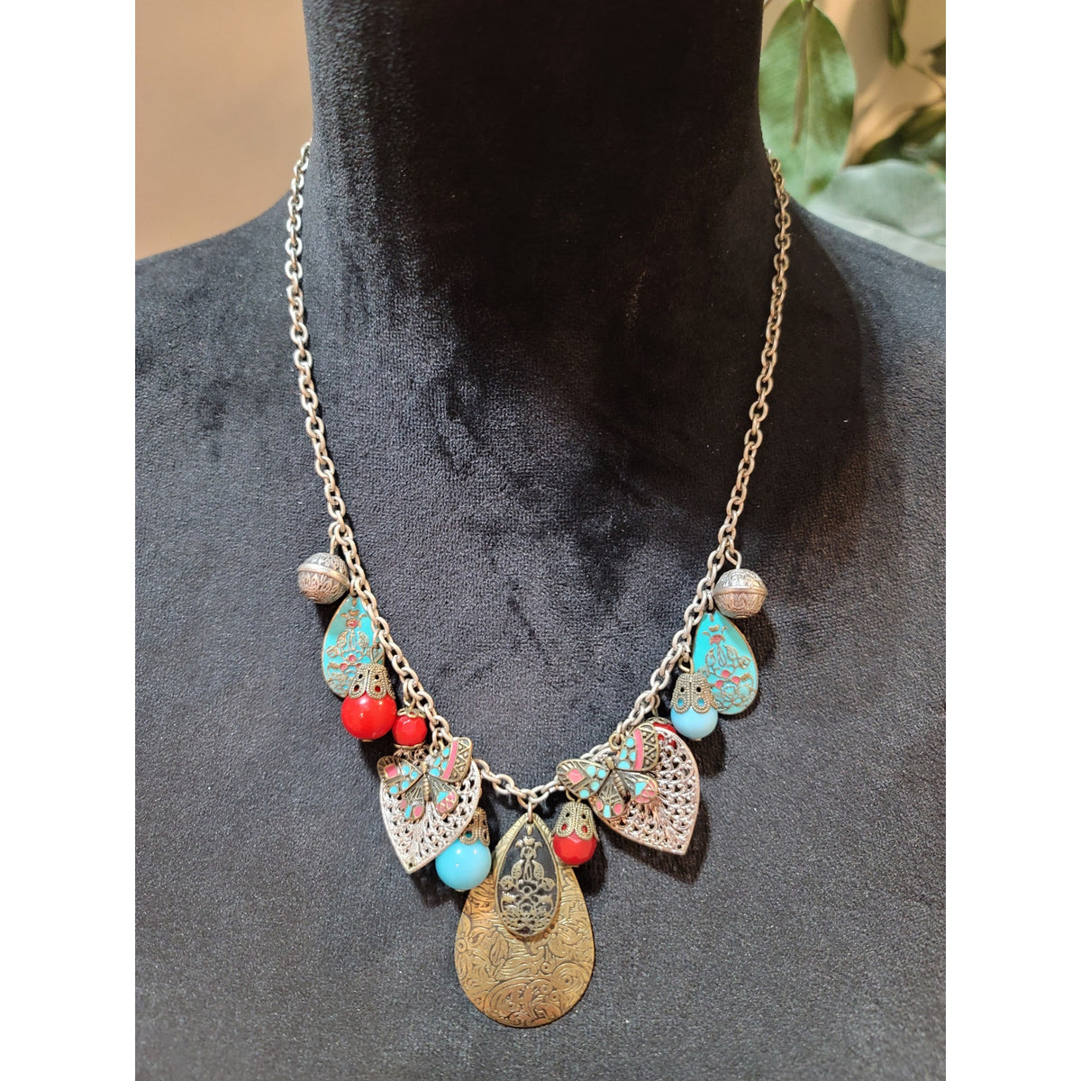 Women's Bohemian Vintage Butterfly Pendant Necklace With Red And Turquoise Beads