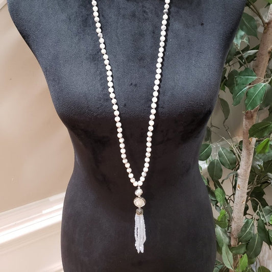 Womens Fashion White Shell Pearl Crystal Bead Pendant Tassel Necklace Adjustable