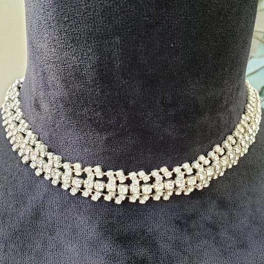 Womens Silver Tone 3 Strand Rhinestones Trim Bling Choker Necklace with Lobster