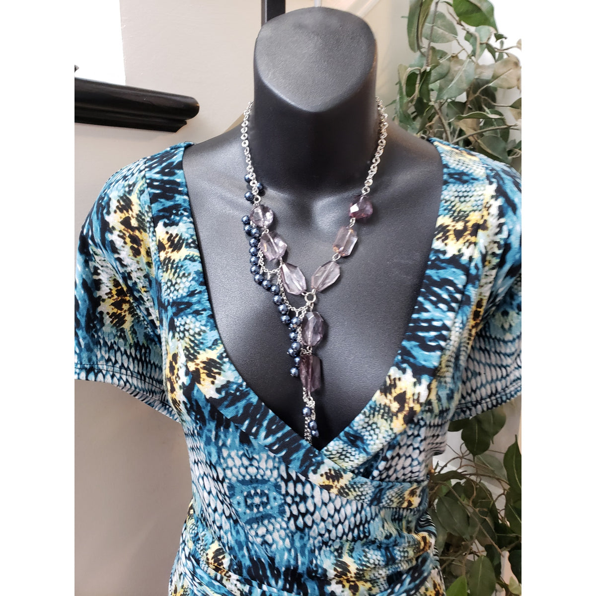 Ashley Stewart Maxi Dress Women XL Blue Black Snake Print Stretch Wrap Belted
