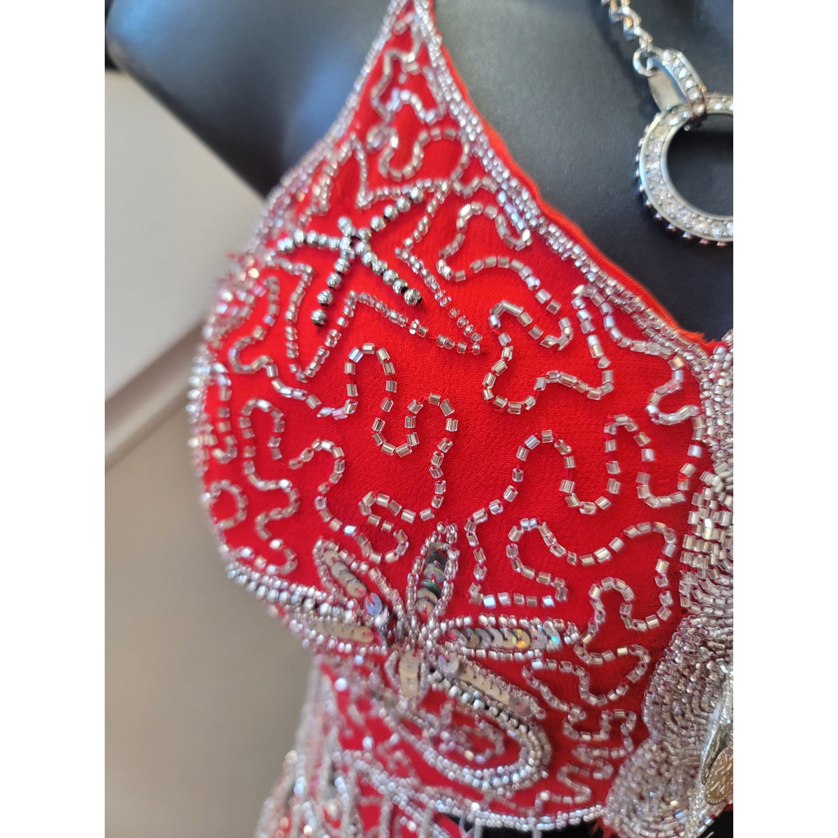 Custom Belly Dance Costume Large Red Halter Top Open Back Coin Skirt Padded Bra