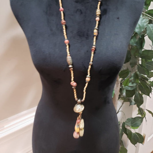 Womens Fashion Multi Wood Beaded Brass Tassel Statement Long Strand Necklace