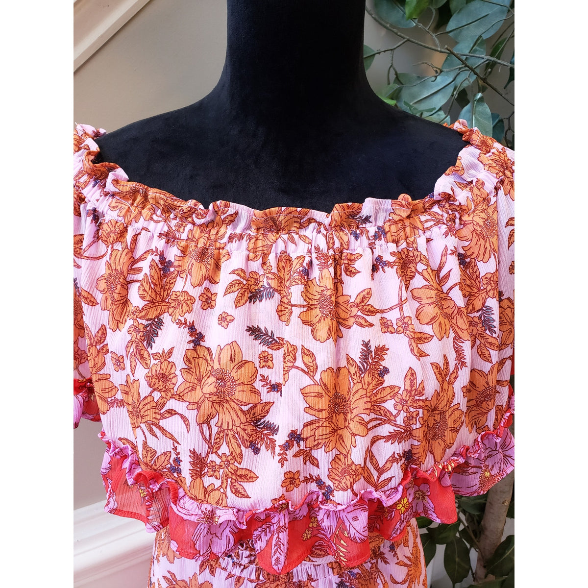 Jessica Simpson Mini Dress Women M Pink Orange Floral Ruffle Off The Shoulder