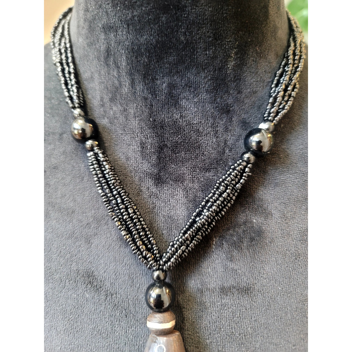 Black Seed Bead Tassel Necklace Wood Barrel Pendant Boho Tribal Statement 22"