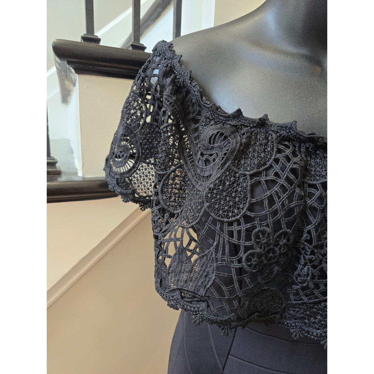 Kesses Bandage Dress Women's Chest Sz M Black Padded Crochet Lace Flounce Hem