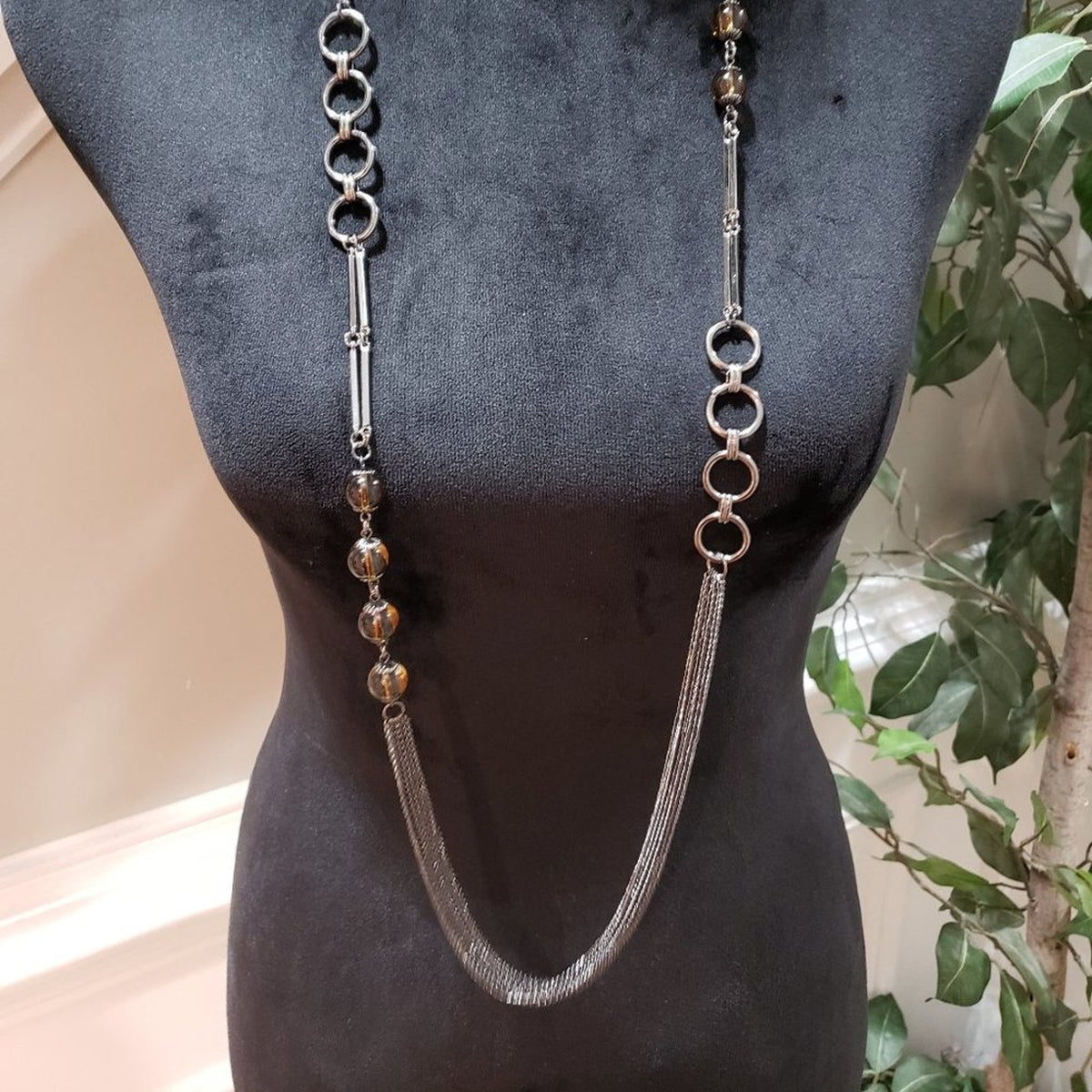 Womens Fashion Glass Round Beaded Long Chain Collar Necklace with Lobster Clasp