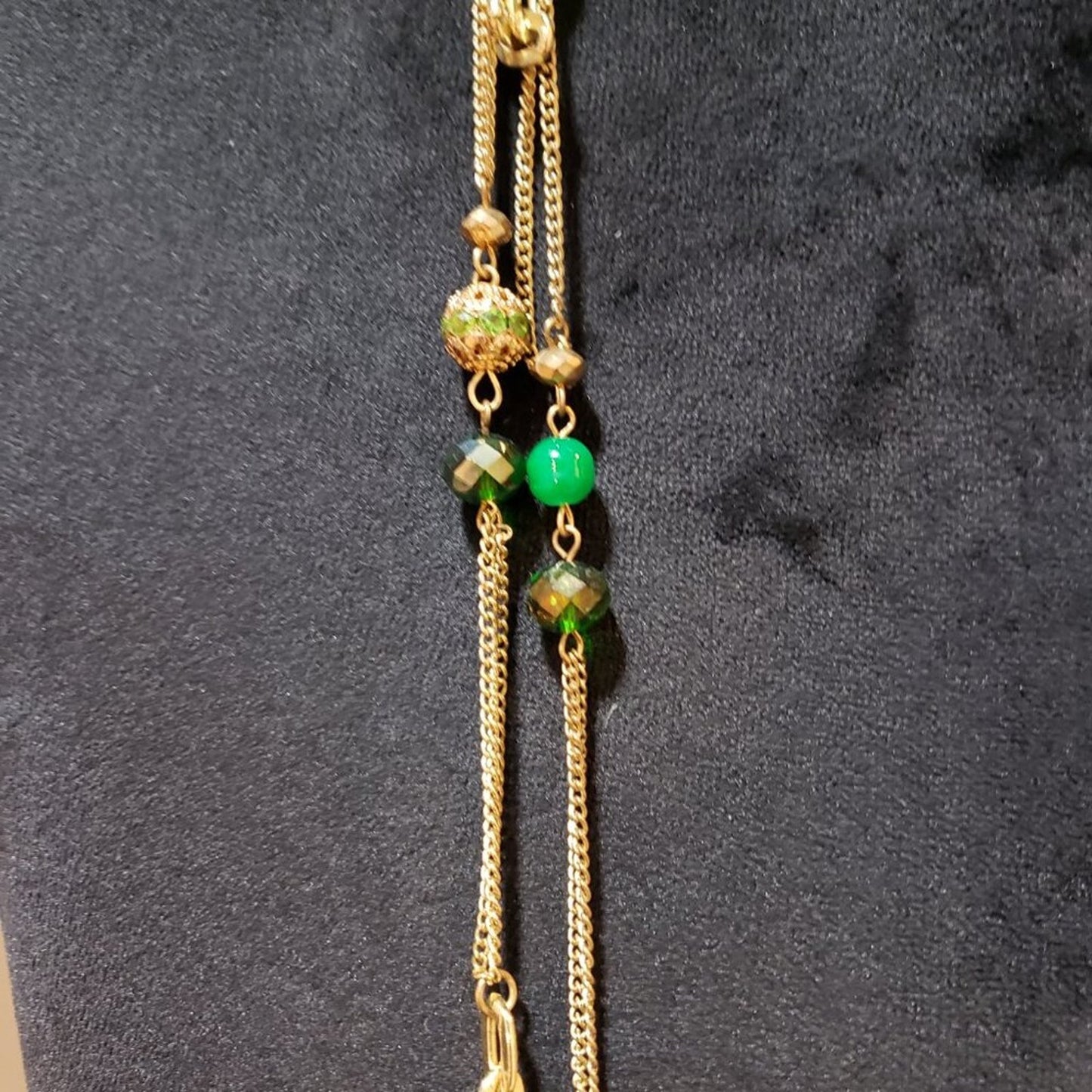 Women Gold Tone 2 Strand Green Emerald Beads Metal Faceted Bowl Station Necklace