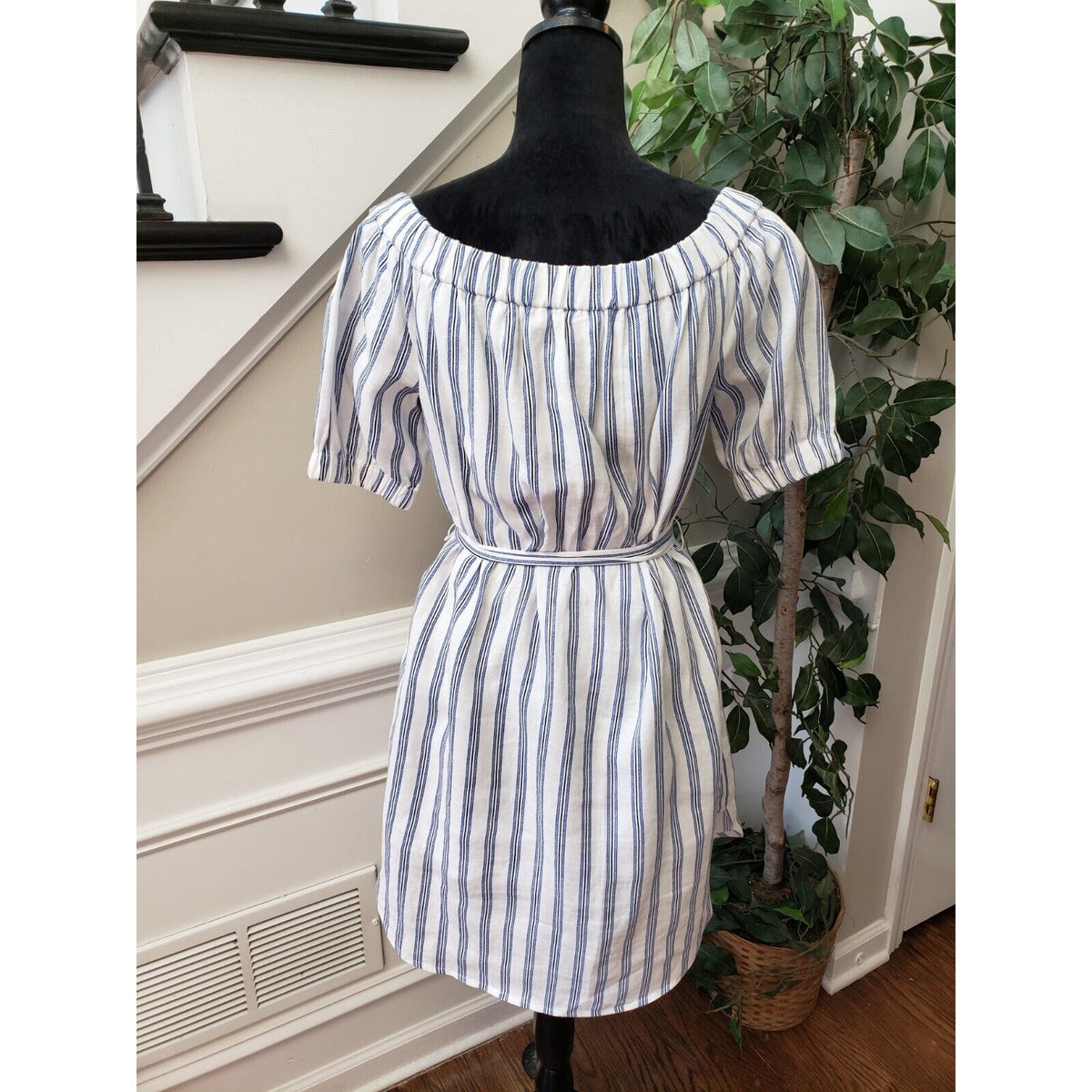 Michael Kors Women's White Striped Linen Off Shoulder Short Sleeve Mini Dress S