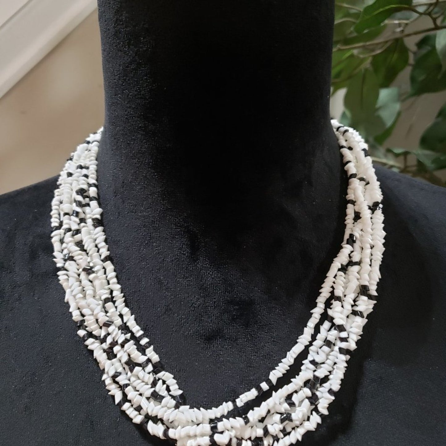 Womens Fashion Multistrand Black White Beaded Collar Necklace with Lobster Clasp