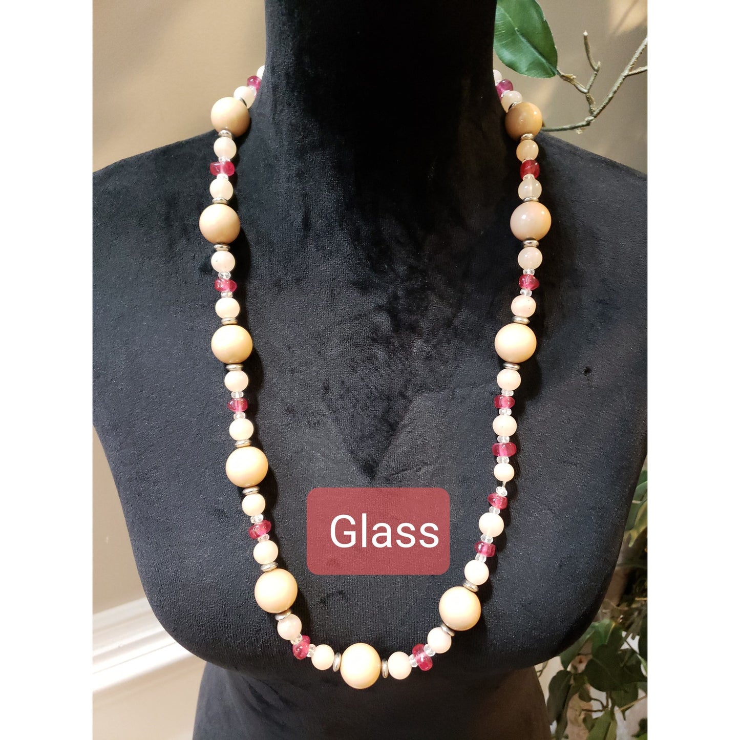 Women's Long Glass Beaded Necklace Cream Red Chunky Statement Jewelry