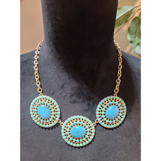Chaps Women's Gold Chain Necklace With Blue Oval Stone Circles Graps Lock Design