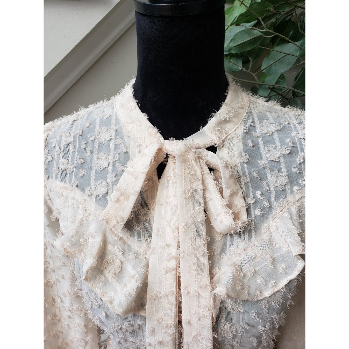 Listicle Button Down Shirt Womens Medium Beige Lace Sheer Tie Neck Long Sleeve