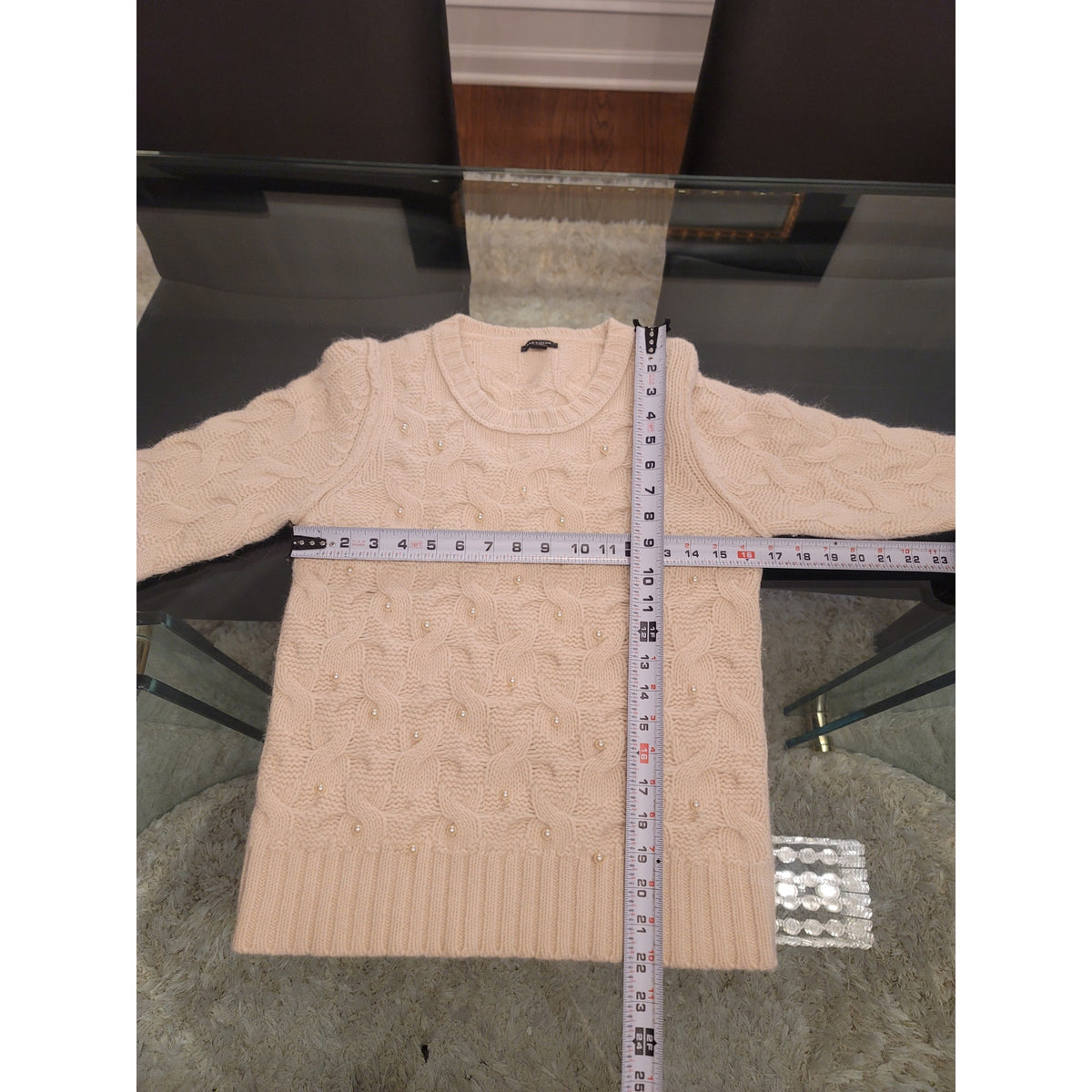 Ann Taylor Pullover Sweater Women's Medium Cream Embellished Pearl Ribbed Hem