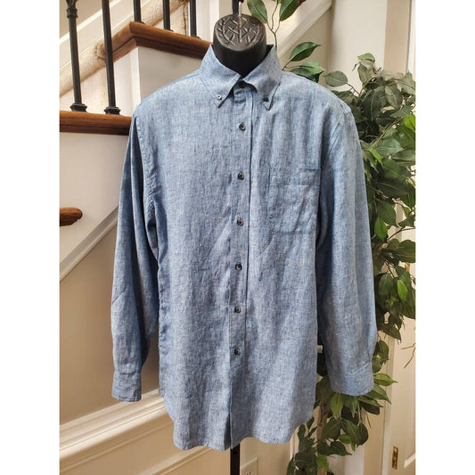 W.H. Belk Men's Blue 100% Linen Collared Long Sleeve Button Down Shirt Size L