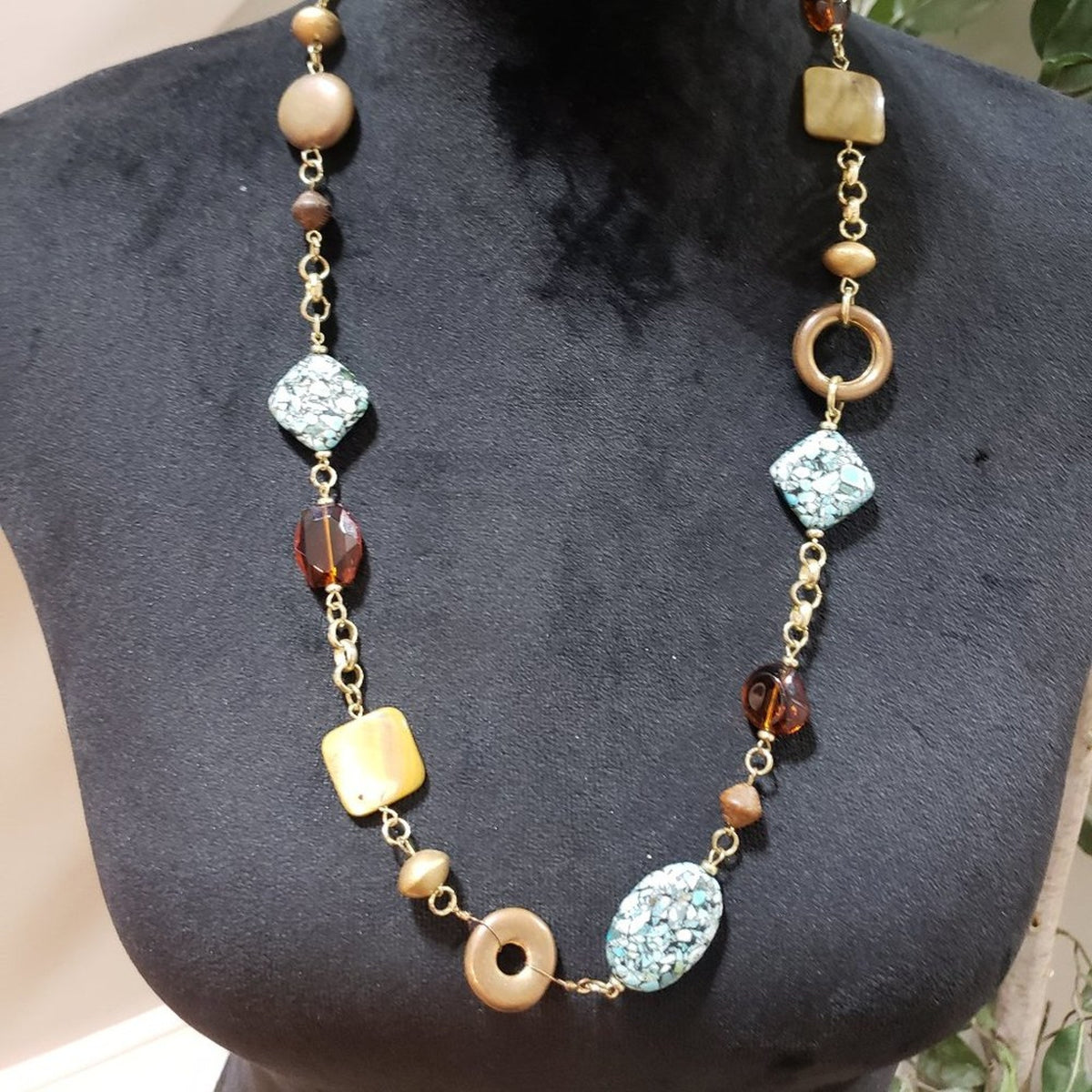 Premier Design Stones Beaded Long Gold Tone Chain Necklace with Lobster Clasp