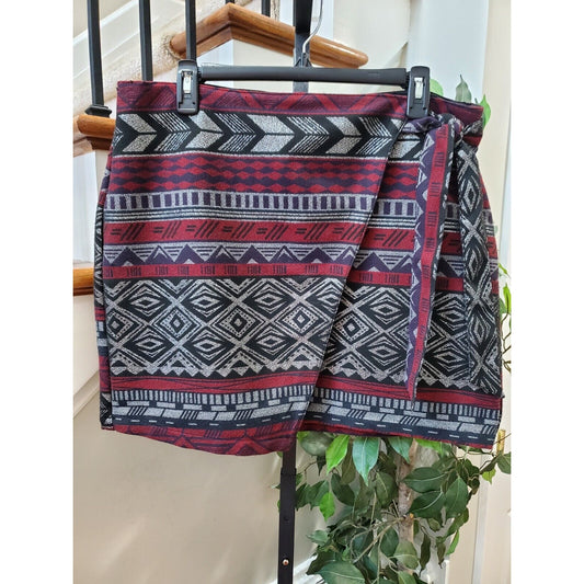 Express Aztec Red Gray Polyester Side Tie Closure Straight Short Skirt Size 16