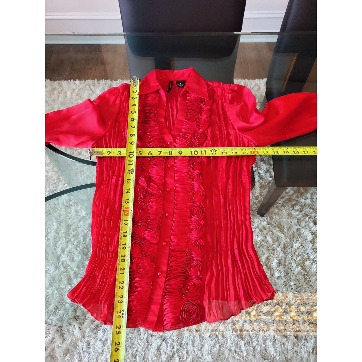New Directions Women Red Polyester Collared Neck Long Sleeve Button Down Shirt S