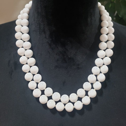 Womens Fashion White Double Strand Round Beaded Necklace with Lobster Clasp