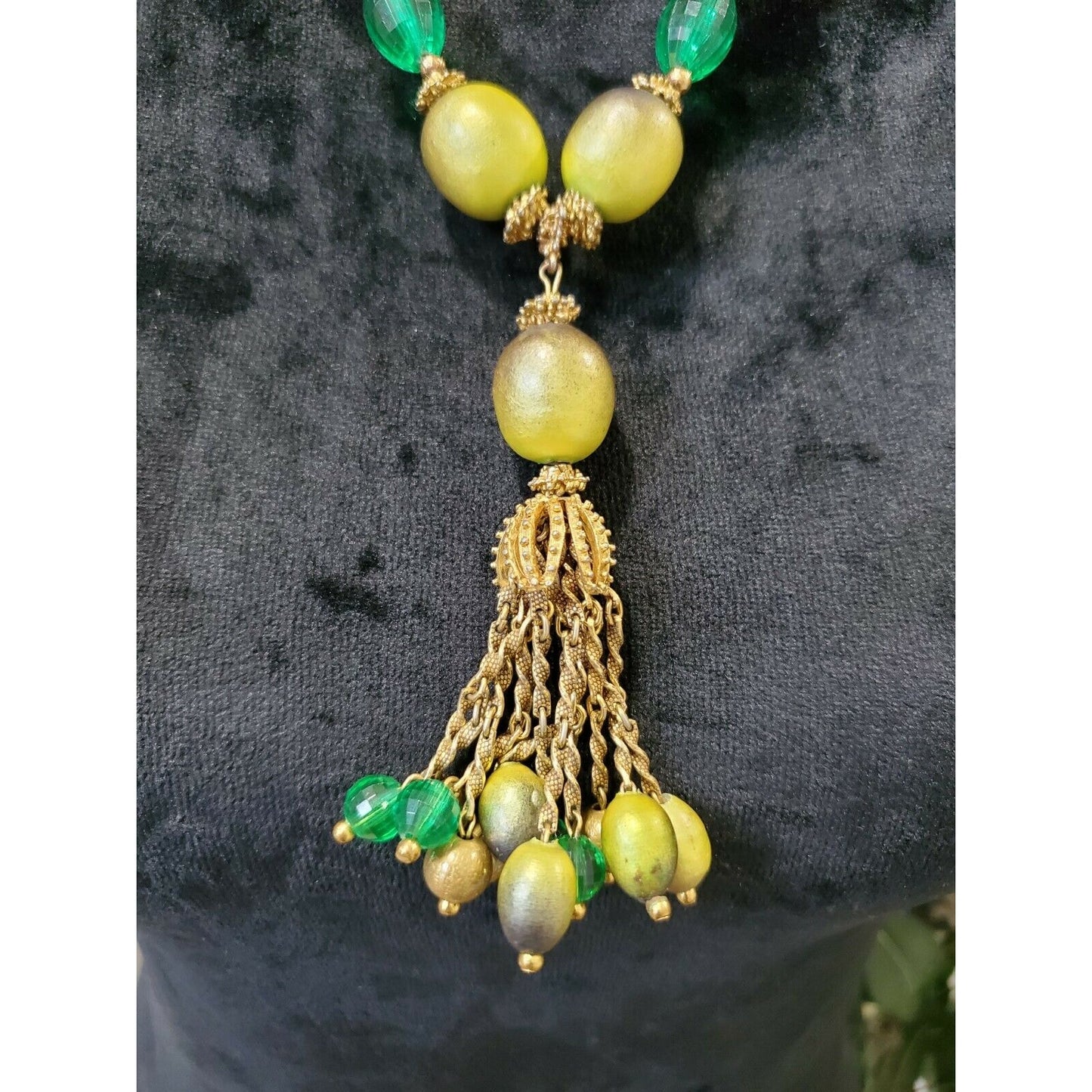 Vintage Wooden Green Olive, Crystal & Gold Ball Dangle Necklace 24"