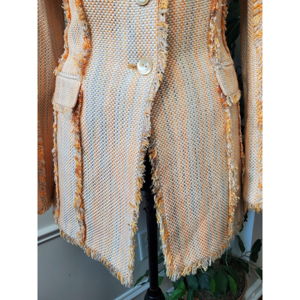 Larry Levine Yellow Long Sleeve Fringe Detailed Single Breasted Coat Size 8